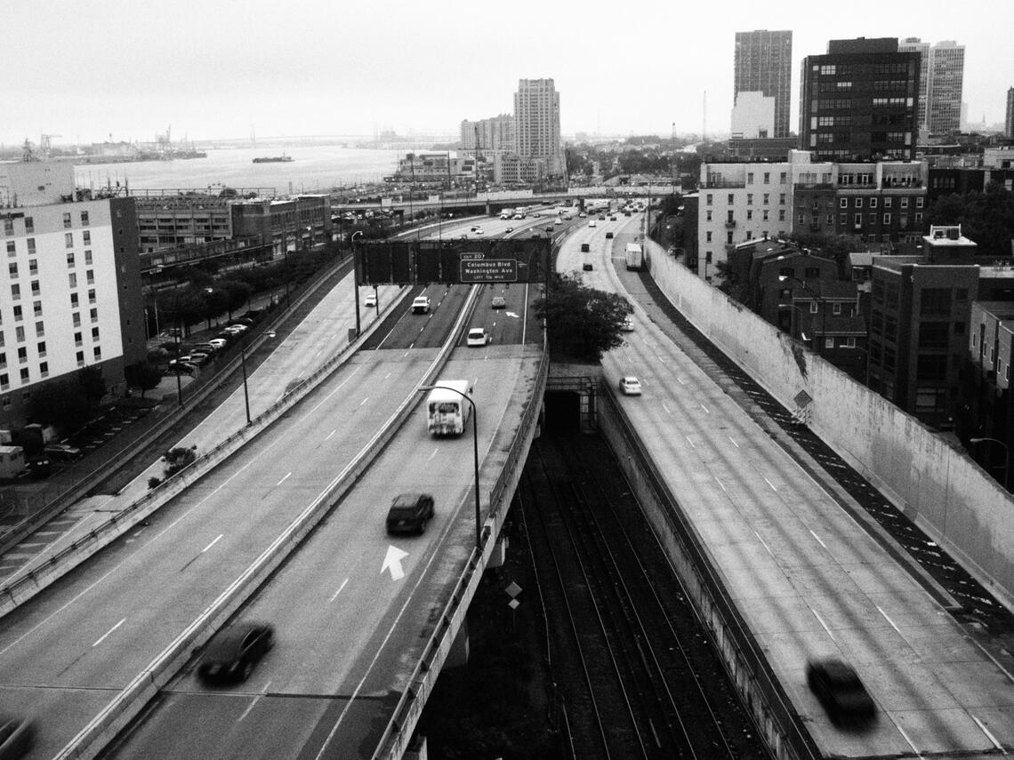I-95 from the Ben Franklin Bridge, black and white photo.