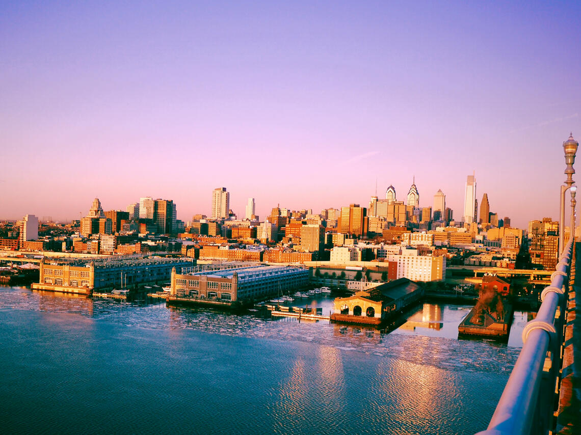 Color photo of the Delaware waterfront, Philadelphia, from Franklin Bridge